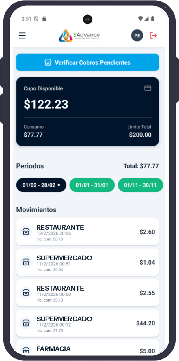 App de 3Advance mostrando el cupo disponible, el consumo del período y el detalle de movimientos