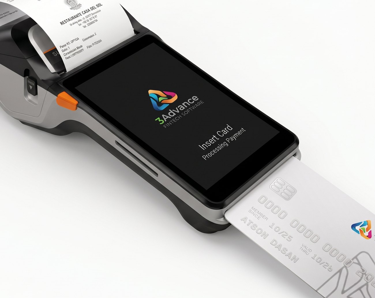 Terminal POS de 3Advance procesando un pago con tarjeta e imprimiendo el comprobante