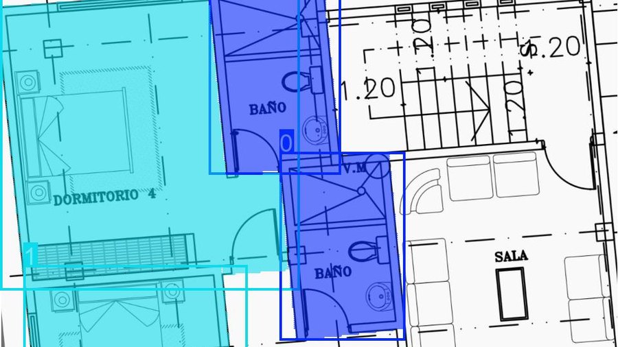 Modelo de reconocimiento de planos: baños y dormitorios detectados en color sobre un plano en blanco y negro