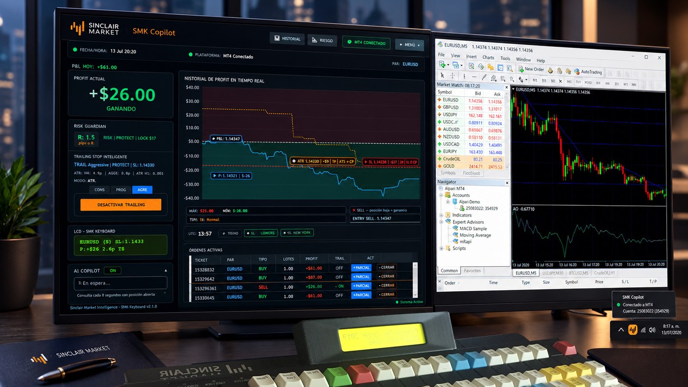 Panel de SMK Copilot junto a MetaTrader 4 conectado, con posiciones y P&L en tiempo real