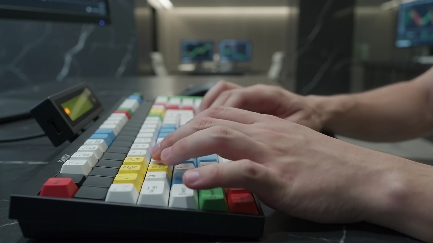 Manos operando en el teclado SMK, con las teclas de color y el LCD encendido